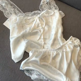 SHOPMOCHO-White Women Pajamas Summer Sleepwear Spaghetti Strap Shorts Sets 2 Pieces Lace Night Wears Korean Sleeping Lace Home Suit 2025