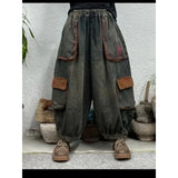 Shopmocho Retro Pocket Harlan Denim Lantern Pants Loose Nine Points Elastic Waist Loose Fit Women's High Waist Jeans Lantern Trousers