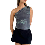 Shopmocho Combhasaki Women's Summer Y2K Vintage Fashion Tank Tops Sleeveless Ruched One Shoulder Aesthetic Flower Print Slim Fit Vest