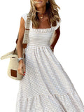 Shopmocho Elegant Plaid Slip Maxi Long Dress Summer Women Strapless Ruffle Backless Pleated Elastic Waist Boho Party Swing Loose Dresses