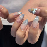 Shopmocho Fish Scale Glitter Powder Long Pointed Fake Nail Shell Pearl Cat Eye Starfish Summer Ripple False Nails Art Charm Press on Nails