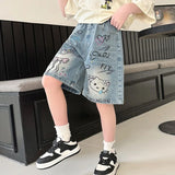 SHOPMOCHO New Summer Girls Denim Shorts Cartoon Hello Kitty Fashion Loose Knee Length Jeans Pants For 4-14 Years Teen Kids Casual Trousers