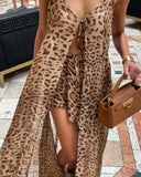 Shopmocho Women's Summer 2025 Beach Vacation Dress Set Chiffon Print Halter Long Dress Loose Leopard Print Shorts Elegant Casual Outfit