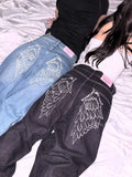 SHOPMOCHO Trendy and fashionable Harajuku retro high street angel wing rhinestone embroidery millennium straight-leg loose denim trousers
