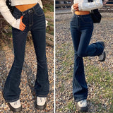 Shopmocho Woman Elastic High Waist Bell Bottom Jeans Female High Street Designer Flare Pants Lady Fashion Blue Black Gothic Denim Trousers