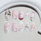 SHOPMOCHO 24Pcs Pink Almond False Nails Butterfly Ballet with French Design Wearable Fake Nails Simple Artificial Press on Nails Tips Art