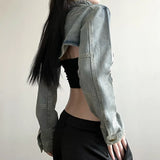 SHOPMOCHO  Y2K Cropped Denim Jacket Women Vintage 90S Sexy Long Sleeve Jeans Coats Summer Gyaru Harajuku Streetwear Design Outerwears