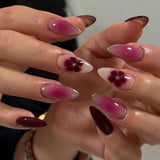 Shopmocho Pink Yellow Halo Dyeing Flower Water Ripple Summer False Nails Leopard Long Pointed Fake Nails Art Press on Nails Charm Manicure