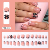 Shopmocho 24Pcs Gold Ripple Brown Flowers False Nails with Rhinestones Pearl Design Wearable Almond False Nails Full Cover Press on Nails