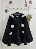 SHOPMOCHO Black Cape Coat Women Winter Loose Hooded Zipper Overcoat Fashion Elegant Casual Gothic Christmas Shawl Clothes