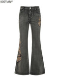 SHOPMOCHO Retro Floral Embroidered Low-rise Flared Jeans Retro Street Low-rise Slim Jeans Harajuku Style Y2k Aesthetic Women's Pants 2025