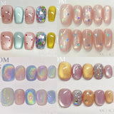 SHOPMOCHO Beauty Colorful Short Square Round Detachable Manicure Kawaii Cat Eyes Glitter Sequins Rhinestone Handmade Full Cover Nail Tips
