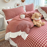 SHOPMOCHO 3pcs red,black plaid Duvet Cover Set (1*Duvet Cover + 2*Pillowcase, Without Core), Lace embroidery Bedding Set