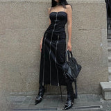 Shopmocho Goth Dark Techwear Fashion Zip Up Midi Dresses Cyber Y2k Mall Gothic Split Women Tube Dress Partywear Punk Off Shoulder Outfits