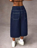 SHOPMOCHO Retro Dark Blue Adjustable Buckle Capri Jeans