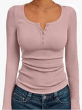 SHOPMOCHO Fashionable Women's Long Sleeve Slim Fit Autumn 2025 Henry Collar T-Shirt Ribbed Basic Style Top for Ladies