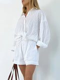 Shopmocho Wolfeel Casual Shorts Sets Striped Jacquard 2 Pieces Cozy Lapel Lantern Sleeve Shirt Summer Outfit Elastic Waist Shorts Suits