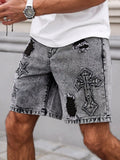 SHOPMOCHO Men's Summer Denim Shorts. Straight-Leg Fit. Ripped Design. Dark Gray Denim Embroidered Shorts