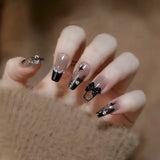 Shopmocho 24PCS/1BOX  Dark Wind Gradient Long White Bow Nail Patch Fake Nails