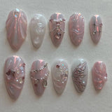 Shopmocho 24pcs Sweet False Nail Patches Detachable Fake Nail Tips With Bowknots Love Heart Pearl Design Pink Almond Korean Press On Nail