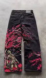SHOPMOCHO Men's Black Wide Leg Jeans Samurai Cherry Blossom Print Red Spider Lily Graphic New Japanese Streetwear Baggy Denim Pants Women