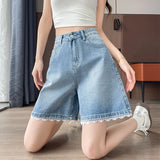 SHOPMOCHO 2026 Summer Women's High Waist Denim Shorts, Light Blue Lace Trim. Loose Fit, Slimming & Hide Leg Flaws