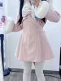 SHOPMOCHO Winter Design Fashion Elegant Pink Slim Woolen Cloth Coat Women Kawaii Sweet Warm Fur Collar Bow Lace Patchwork Casual Overcoat