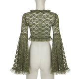 SHOPMOCHO-Green Y2K Mori Girl Flared Sleeve Cardigan For Women Tie-up Lace Cover-Ups Perspective Ruffes Cropped Shirts Coquette