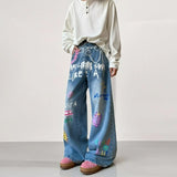 SHOPMOCHO American Retro Graffiti Print Loose High Waist Men's Jeans Autumn Winter Korean Style Floor-Length Causal Trousers Wide Leg Pant