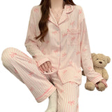 SHOPMOCHO Pink Bow Tie Design Pajamas for Women Long Sleeve Top & Elastic Waist Pants Pajamas Set Harajuku Style Casual New Home Wear