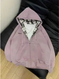 Shopmocho Grid Splicing Hooded Sweatshirt Women's Loose Versatile Zipper Cardigan Jacket Spring Autumn Long Sleeved Versatile Coat Top