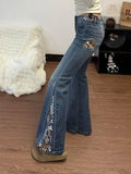 SHOPMOCHO American Large Size Heavy Industry Flower Embroidery Pattern Women Flared Jeans Mid-Rise Slim Retro Harajuku Floor-Mopping Pants