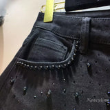 SHOPMOCHO European 2025 Hollow Lace Jeans Women Summer New Black Lace Denim Pants Heavy Industry Beads Hot Diamond Denim Splicing Crochet