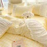Shopmocho Korean Style Princess Bedding Set Luxury Pink Lattice Duvet Cover Ruffles Lace Bedspread Bed Sheet Pillowcases
