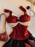 SHOPMOCHO Y2K summer fashion new patchwork lace bow decoration pure desire vest, versatile top for wearing outside