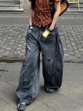 Shopmocho American Street Hip Hop Black Wash Machete Jeans Women Y2K Retro Old Ripped Loose Spice Girls Harajuku Casual Wide Leg Jeans