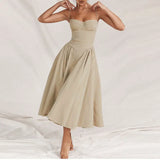 Shopmocho Summer Women Elegant Sleeveless Backless Pleated Dresses Lady Sexy Solid Sling Midi Dress 2025 Female Party Evening A-line Robes