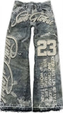 SHOPMOCHO Streetwear Vintage Blue Jeans Y2K Clothes Men Hip Hop Letter Patch Embroidery Vintage Blue Baggy Jeans Mid Rise Wide Leg Trouser