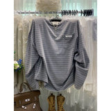 Shopmocho Loose Long Sleeve Striped T-Shirt Women's Fashionable Retro Korean Style Casual Top Thin Medium Length Lazy Style T-Shirt