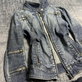 SHOPMOCHO Y2K Vintage Blue Denim Jacket Women Harajuku Fashion  Short Multi Zip Zipper Coat Gothic Punk Sexy Slim Fit Stand Collar Jacket
