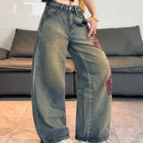 SHOPMOCHO American Street Hot Item Women Vintage Mud Washed Wide Leg Jeans Abstract Side Embroidery High Waist Baggy Y2K Spicy Pants