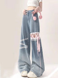 Shopmocho American Sweet Pantalones De Mujer Lace Patchwork Bandage High Waist Casual Loose Jeans Preppy Style All Match Women's Clothing