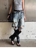 SHOPMOCHO Women's Retro Old Washing Wide-leg Five-point High Street Design Ripped Denim Shorts