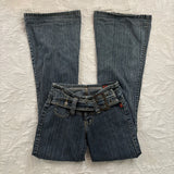SHOPMOCHO Y2K Vintage Low Rise Flare Jeans Women Harajuku Fashion Pockets Buckle Belt Blue Denim Pants Gothic Hot Girl Slim Fit Trousers