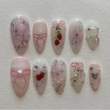 Shopmocho 24pcs Sweet False Nail Patches Detachable Fake Nail Tips With Bowknots Love Heart Pearl Design Pink Almond Korean Press On Nail