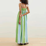 Shopmocho Combhasaki Women Summer Striped Adjustable Thin Spaghetti Straps Ric-Rac Trim Flowy Beachwear A-line Slip Cami Pocket Long Dress