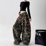 SHOPMOCHO Women's Vintage Camouflage Oversized Wide Leg Sweatpants Red Drawstring Letter Embroidery Streetwear Pants