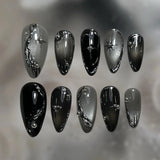 SHOPMOCHO 24Pcs Black Y2k Long False Nails with Almond Head Design Cat's Eye Silver Stripe Pattern Press on Fake Nails Wearable Nail Tips