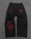 SHOPMOCHO Retro Skull Embroidery Y2K Jeans Mens Hip Hop Washed Baggy Denim Pants New Straight Casual Loose Wide Leg Trouser Streetwear