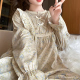 SHOPMOCHO Ladies Pajamas Garden Style Student Casual Long Sleeve Pants Two-Piece Bow Set Nightwear Women Four Season Academic Atmosphere